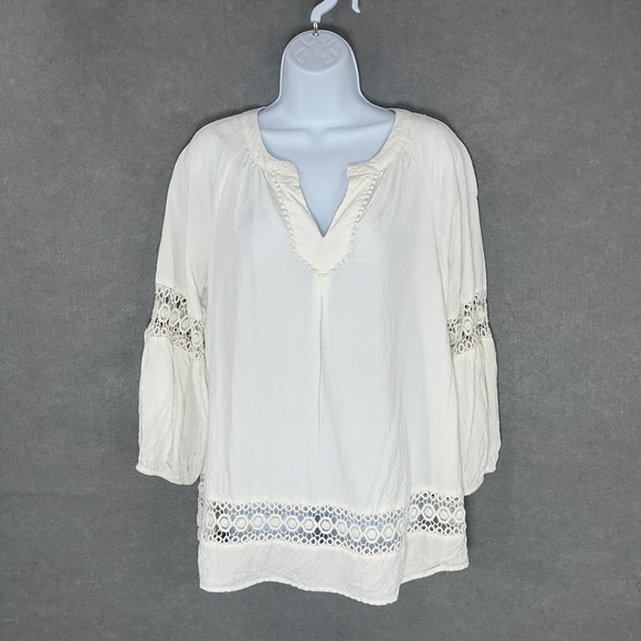 Crown & Ivy Peasant Top Crochet Trim 3/4 Sleeve Blouse White‎ Size M - Picture 1 of 11